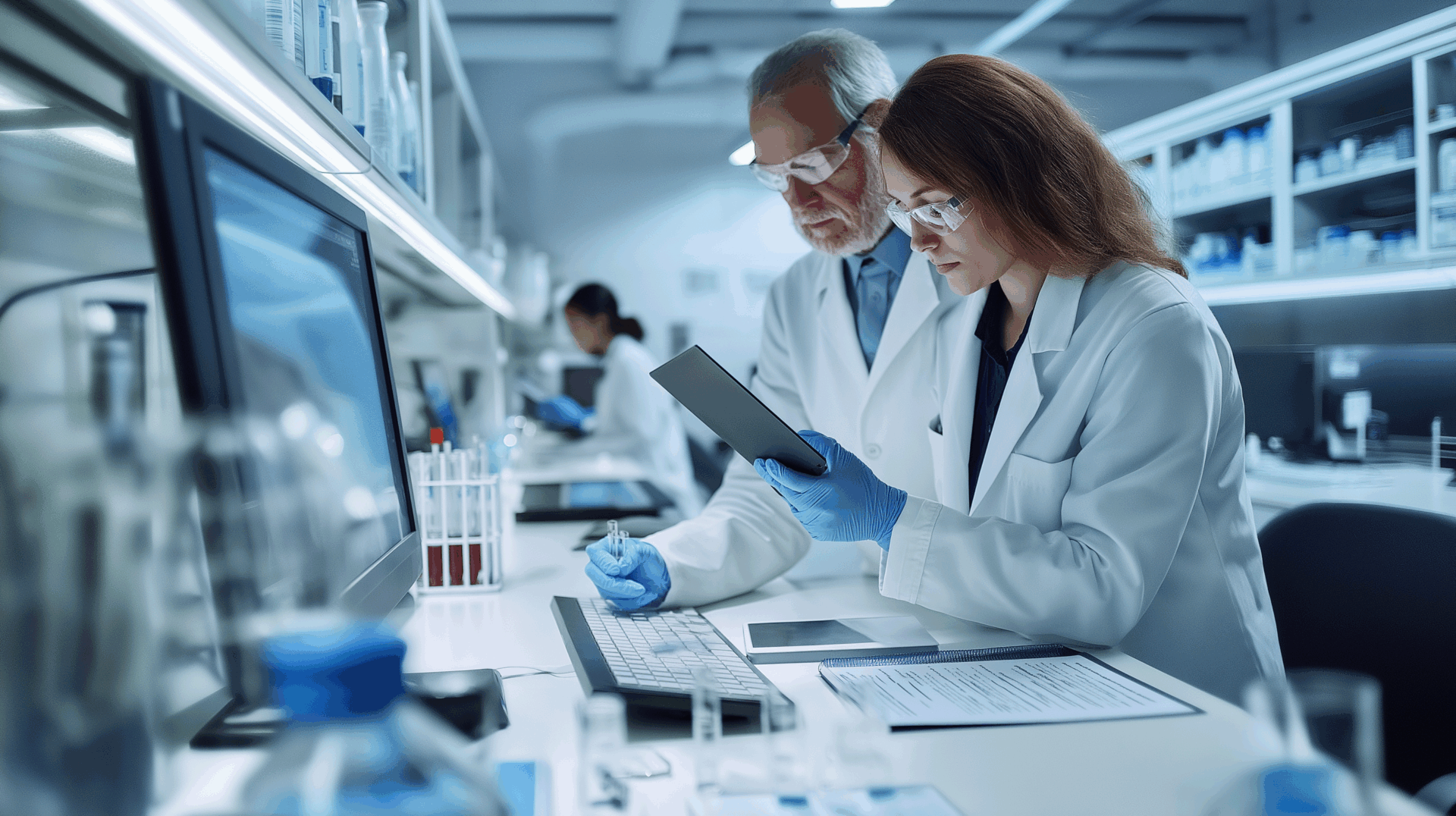 Lab technicians comparing results across digital devices, illustrating the need for an integrated lab tech transfer solution that augments not replaces your existing digital ecosystem