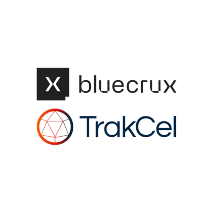 The Bluecrux and TrakCel's logos in announcement of their partnership to improve supply chain orchestration