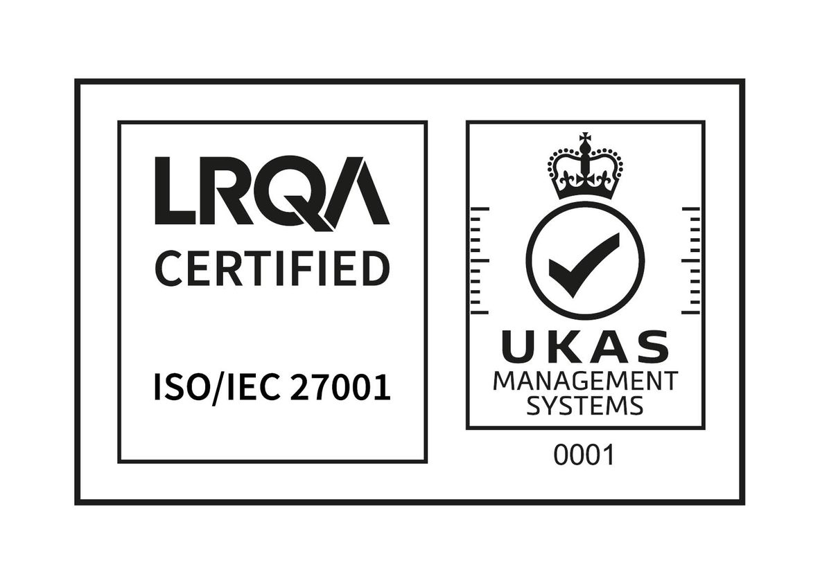 The official ISO/IEC 27001 stamp certified by LRQA and UKAS, demonstrating Binocs' ISO-27001 certification