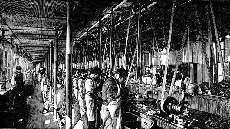 Illustration showing an early 20th century factory floor filled with machines running from a centralized steam power source. This is used as an analogy for modern lab digitalization and why an intelligent approach is needed.