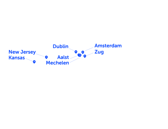 A map of the world showing Bluecrux's global presence, with offices in Belgium, USA, Ireland, the Netherlands and Switzerland.