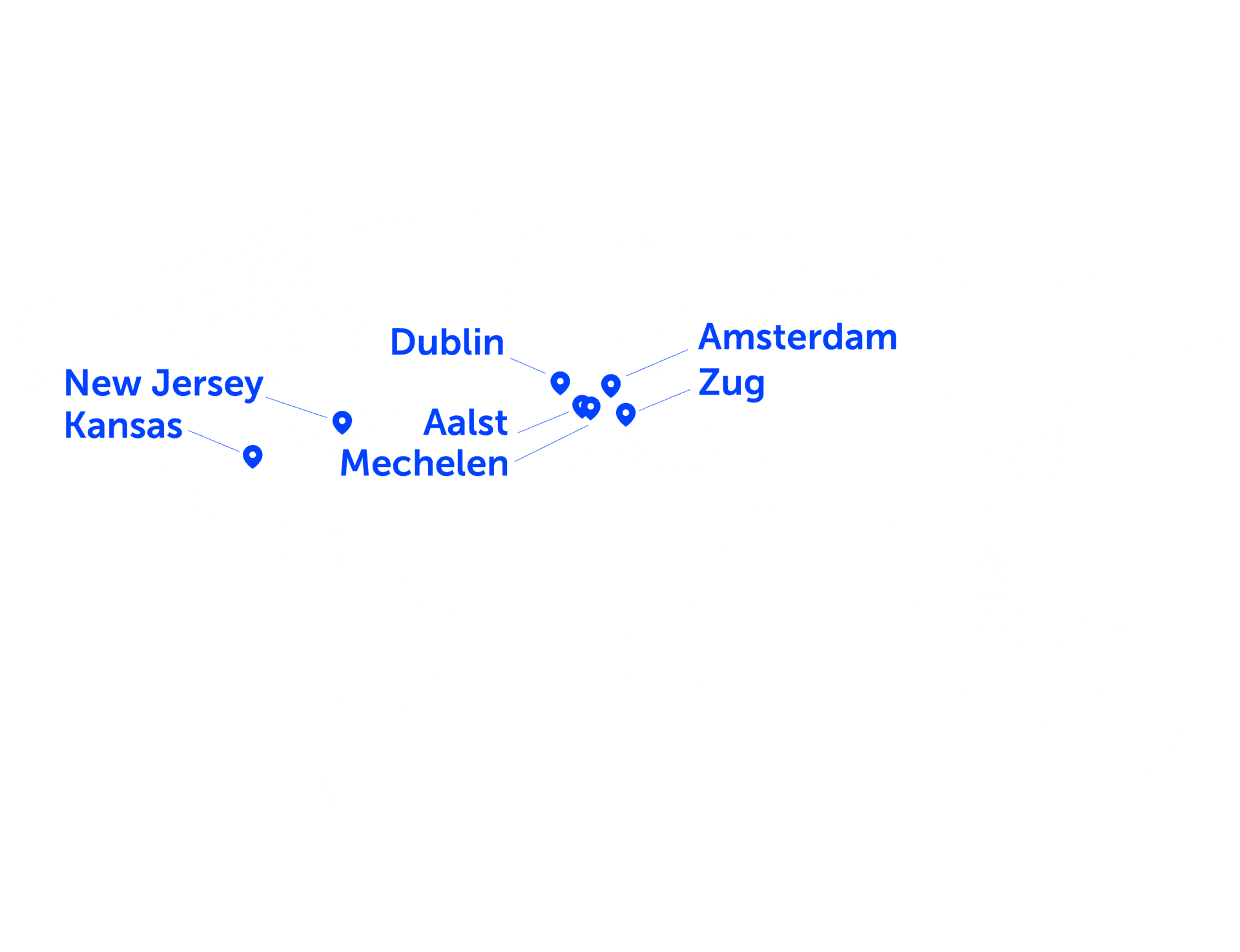 A map of the world showing Bluecrux's global presence, with offices in Belgium, USA, Ireland, the Netherlands and Switzerland.
