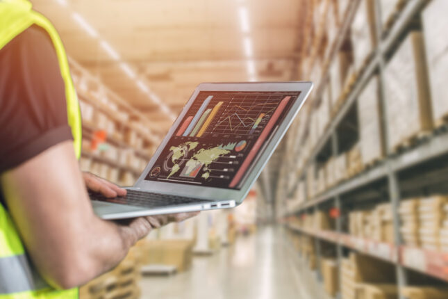 Worker digitally monitoring inventory in warehouse.