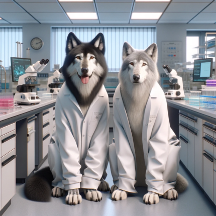 Two wolves in lab coats sit in a QC lab, illustrating the constand battle of planning speed vs efficiency