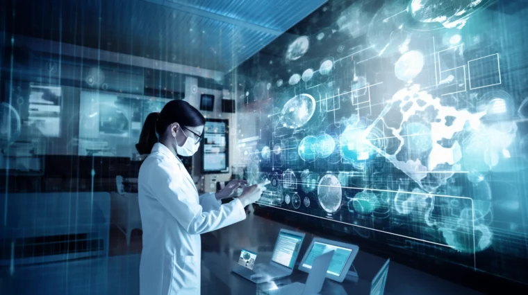 Effective interoperability in quality assurance is key to delivering meaningful digital transformation across the entire Quality function. The image shows a lab technician operating in a highly immersive, augmented reality environment